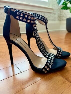 BCBGMaxAzria Black Crystal-Embellished T-Strap Stiletto Sandals